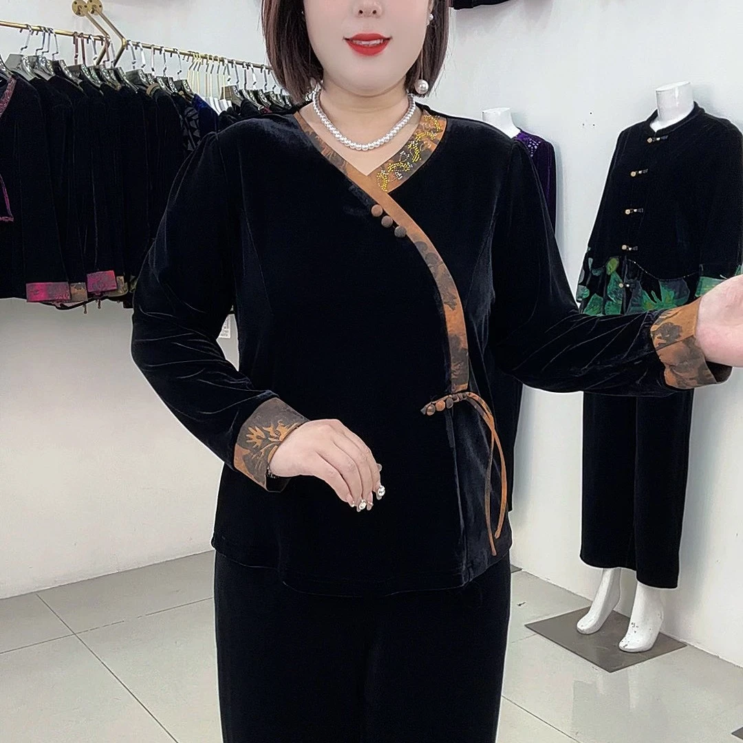 8890新中式国风妈妈装V领盘扣金丝绒优雅气质中国风显瘦大码女装