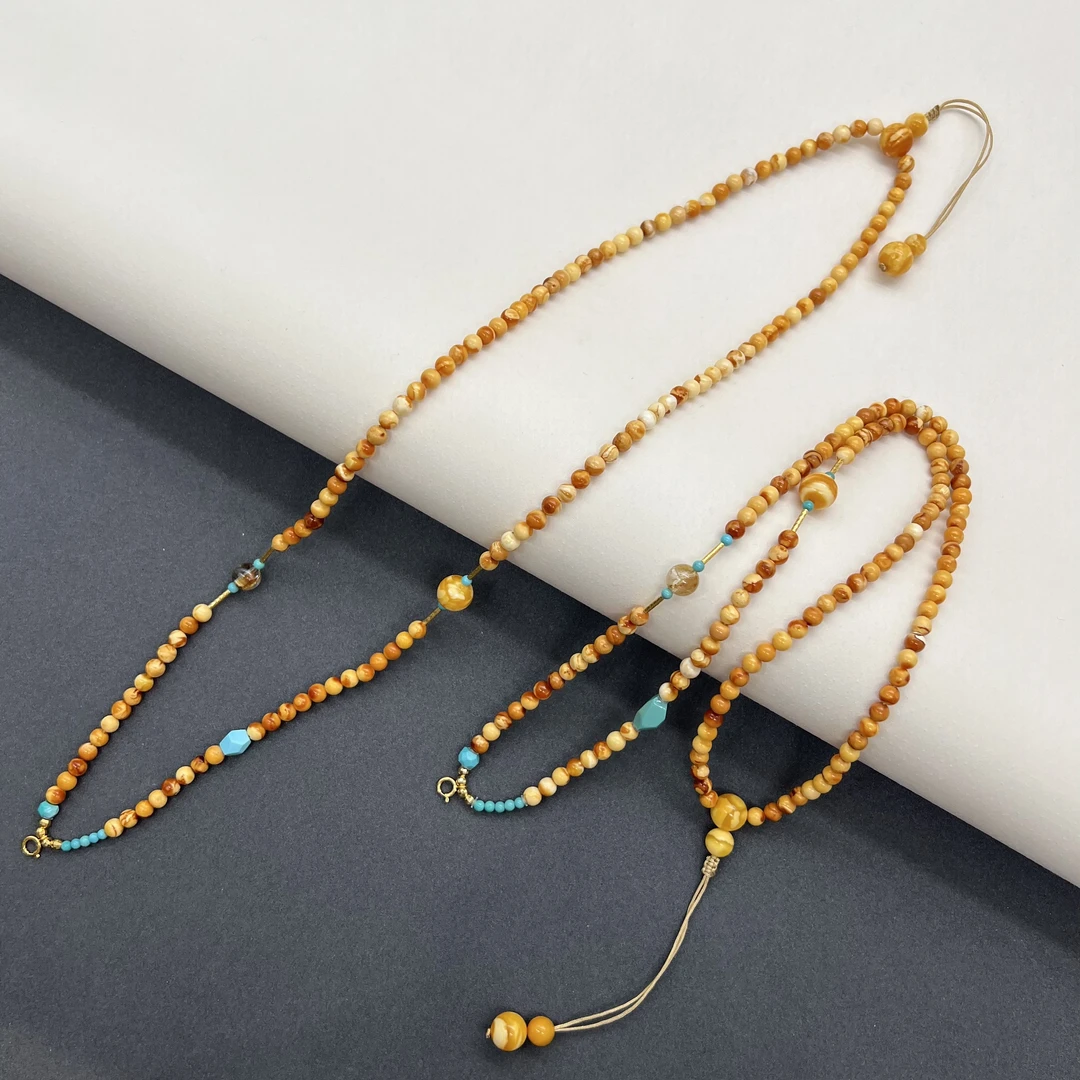 【润家原创】天然琥珀蜜蜡4mm花蜡18K金万能链（多样性发一件）#6424