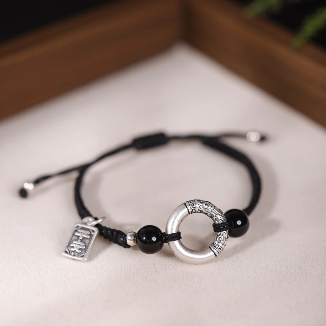 足银手链 足银平安扣祥云手绳可伸缩手工编织精致情侣送礼