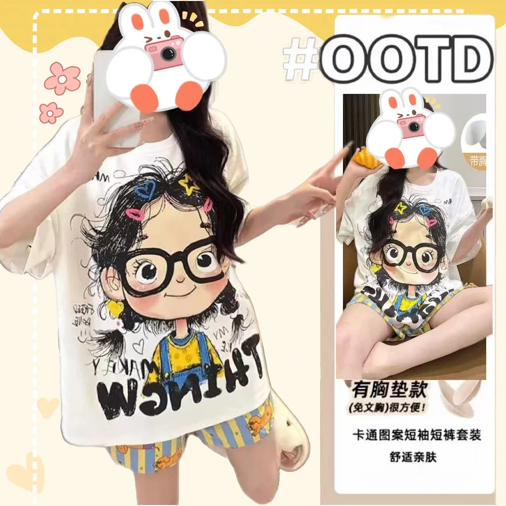 2025新款女大学生睡衣可爱KT猫夏季薄款短袖带胸垫家居服女款爆款