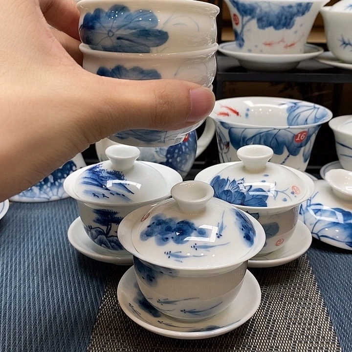 手绘80cc三个图案盖碗➕三个杯子内外绘送盖子高温瓷釉下彩微瑕福