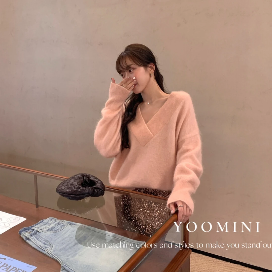 【YOOMINI】V领马海毛羊毛宽松简约软糯淑女毛衣60007