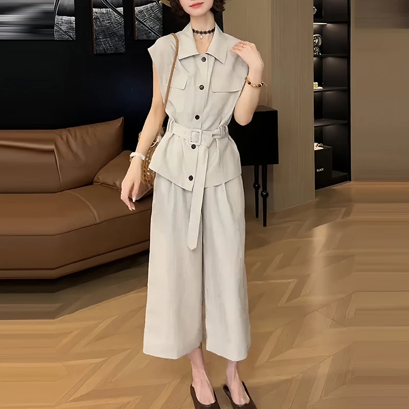 夏季穿搭两件套女韩系纯色POLO领短袖衬衫时尚简约百搭阔腿裤套装