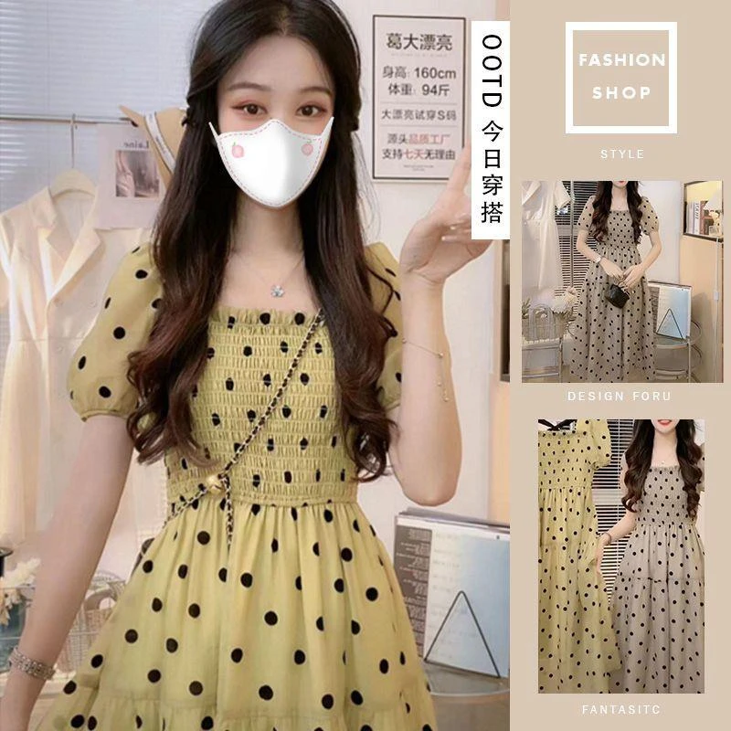 2023新款方口领泡泡袖长款连衣裙女韩系温柔风松紧褶皱高腰长裙