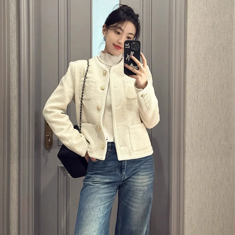 白色粗花呢小香风外套女短款2025春季新款气质时尚小个子百搭上衣