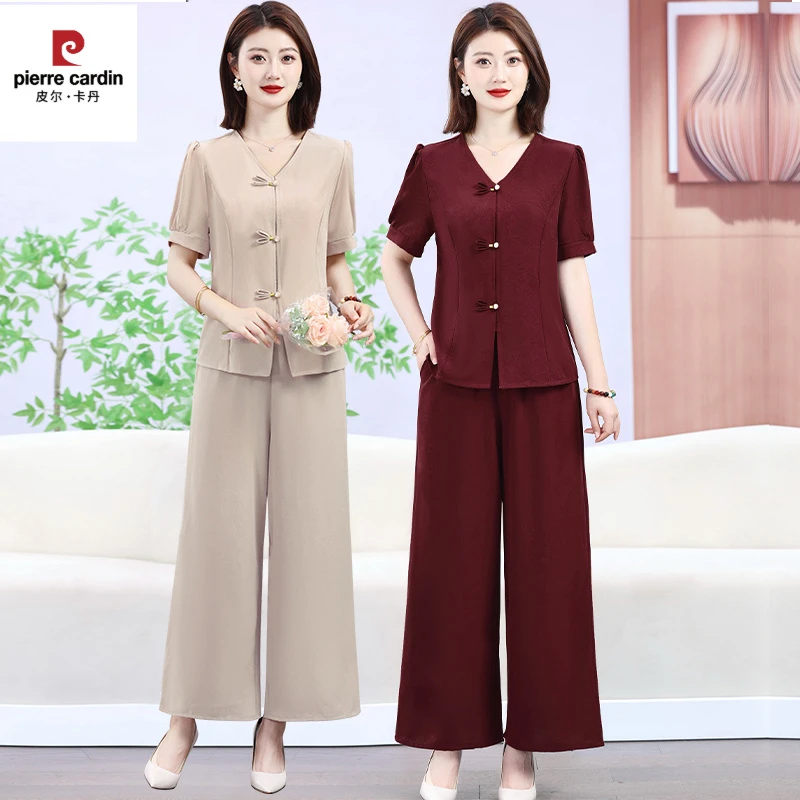 皮尔卡丹妈妈夏装仿棉麻新中式套装国风短袖含色上衣直筒裤中年女