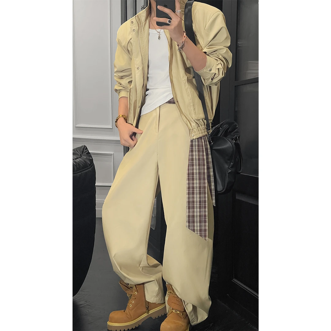 龙叨叨春季新款潮流美式复古立领工装夹克宽松阔腿百搭休闲裤套装