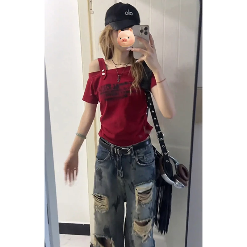 美式辣妹字母印花斜肩短袖T恤女夏季2025新款修身设计感短款上衣
