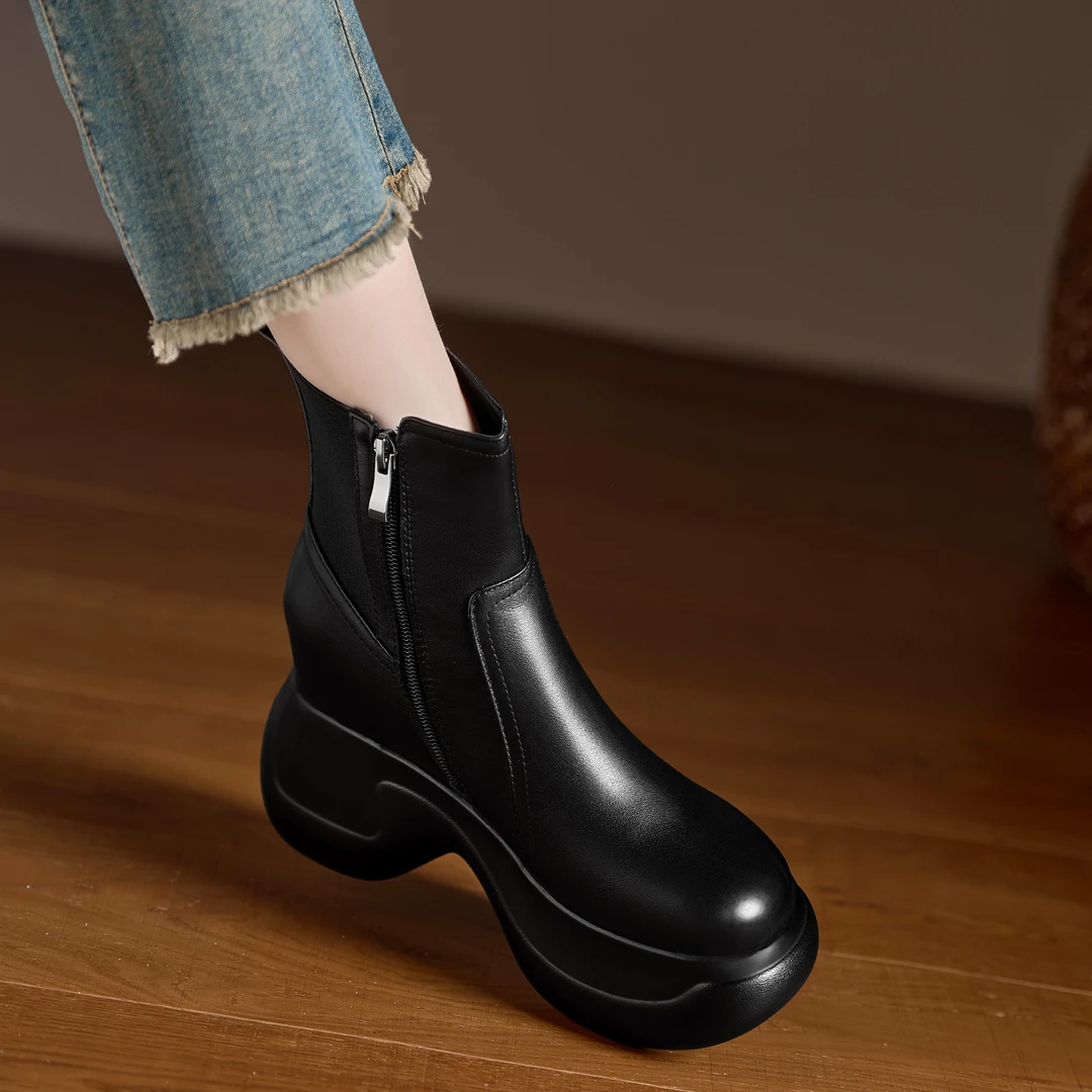 小个子手工女鞋7.5cm~粗跟坡跟时尚短靴秋冬新款弹力瘦瘦靴马丁靴