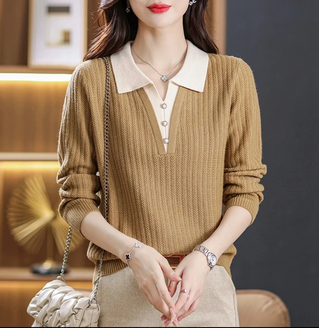 2025春季新款假两件套头拼色针织衫翻领长袖宽松洋气显瘦百搭上衣