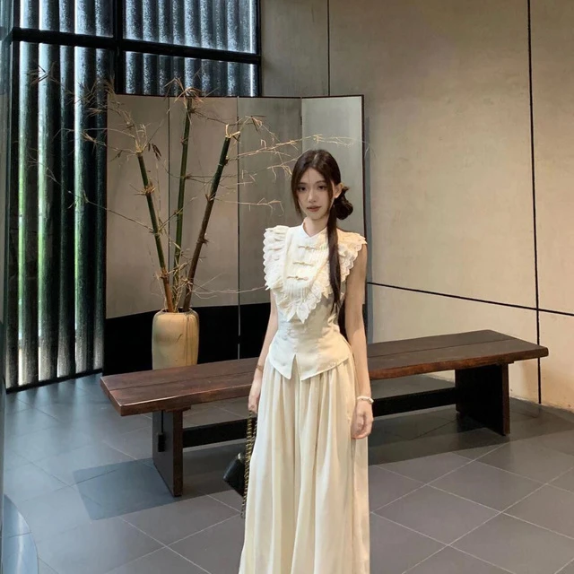 超好看温柔独特套装女春季重工刺绣蕾丝衬衫开叉阔腿长裤裙两件套