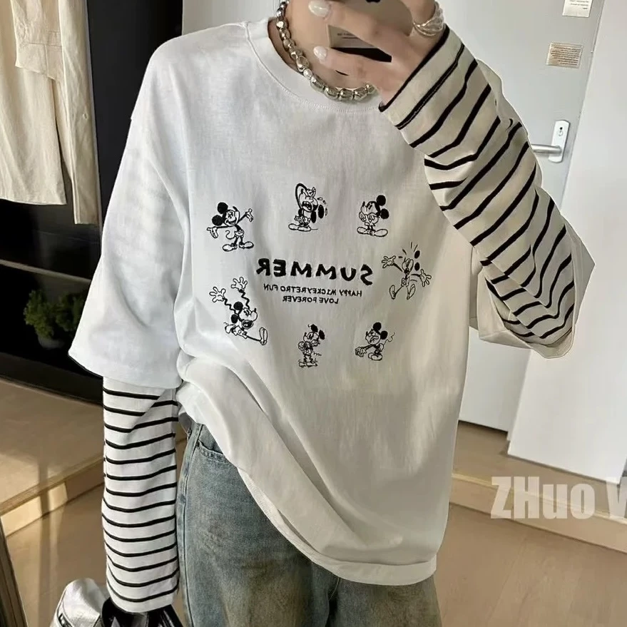 中大童女童T恤2025春季新款百搭宽松小米奇拼接条纹假两件长袖T恤