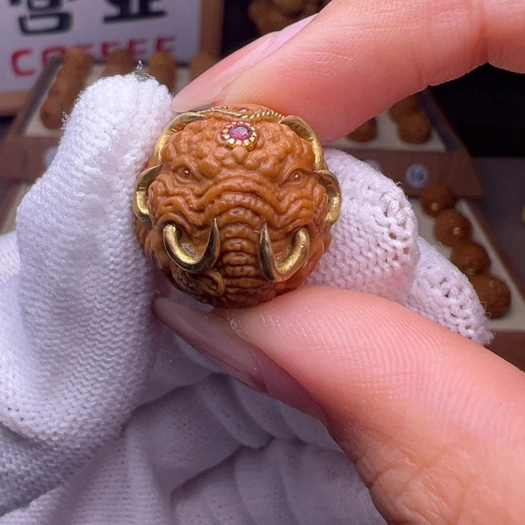 把件猴头核桃镶嵌款象神唐狮全品有正常封口线