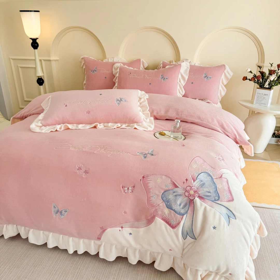 冬季加绒花边款加厚牛奶绒宝宝绒四件套床上用品被套双面绒