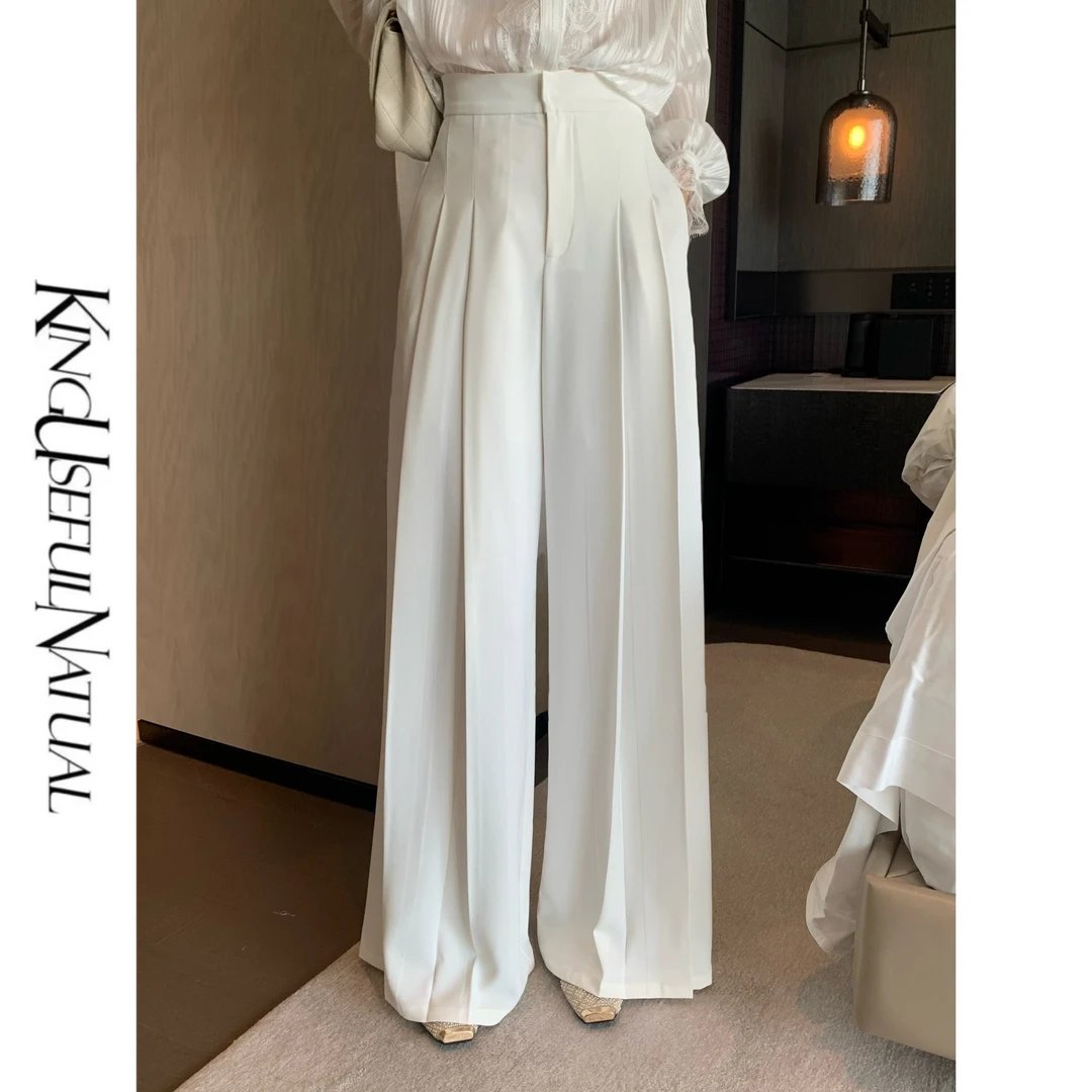 KUN【Lazy漫步】巧妙显瘦 定制白色防透梭织显瘦垂坠感高腰阔腿裤子