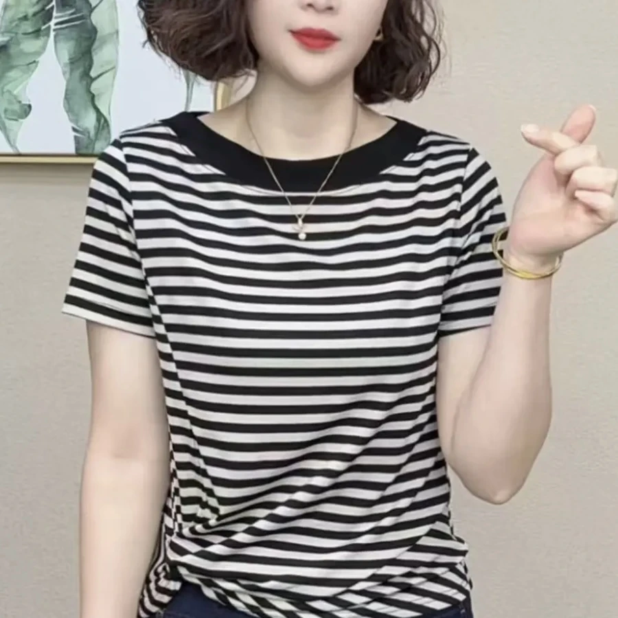 2025洋气百搭圆领减龄显瘦新款时尚纯色短袖气质女T恤衫条纹上衣