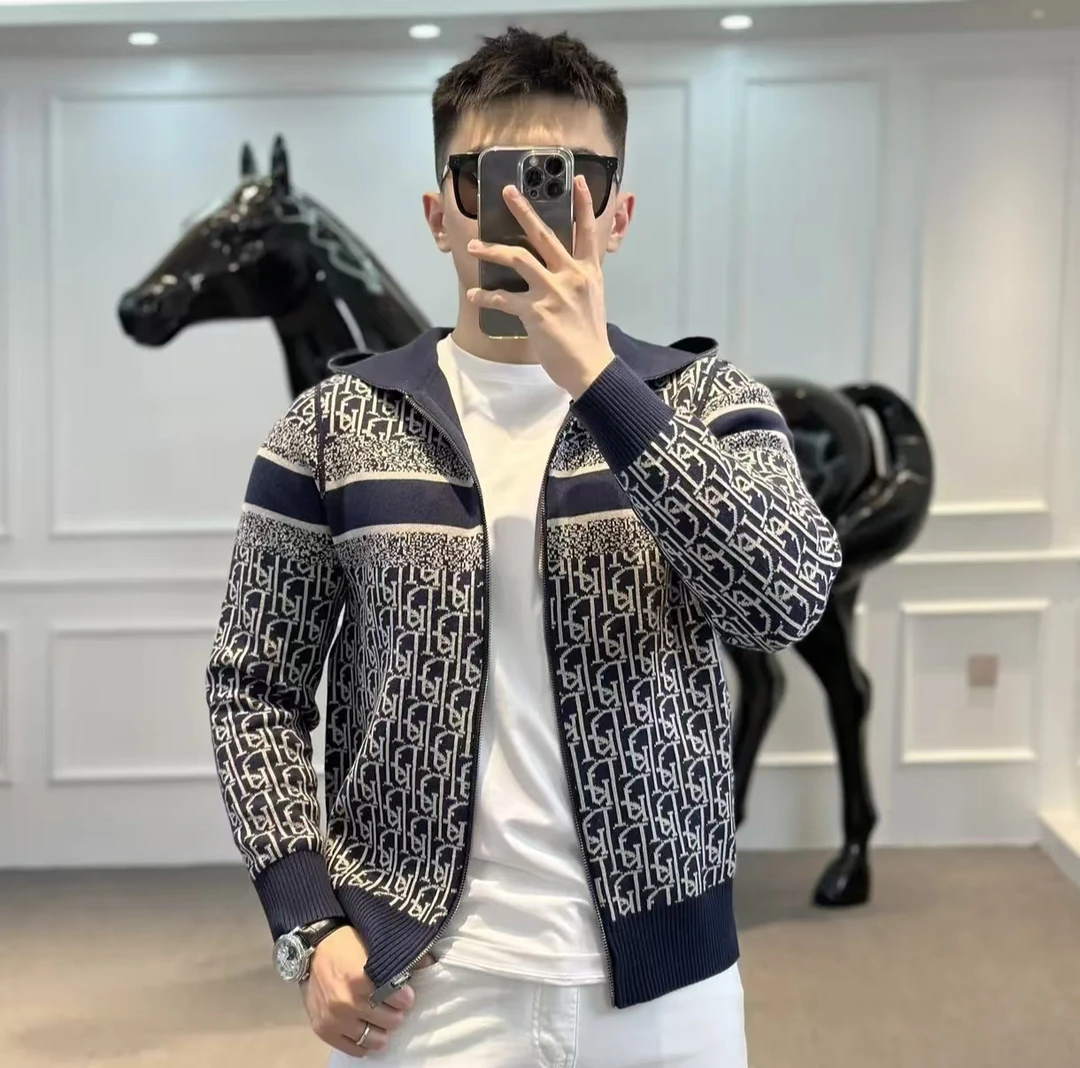 男女冬季欧货双面穿时尚潮流字母条纹针织拉链连帽针织衫卫衣1309