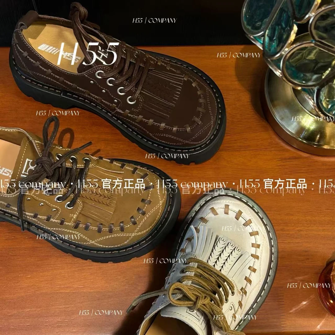 H55-牧马城市｜手作编织缝线流苏擦色马丁小皮鞋6cm10-2729-RD