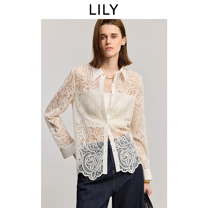 LILY2025夏镂空蕾丝绣花薄款衬衫外套女125229C4950