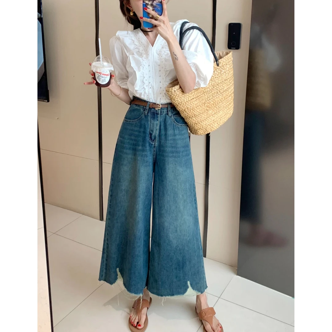 【十三行牛仔裤】牛仔裤女高腰阔腿百搭显瘦阔腿裤【欧阳柳家纺店】