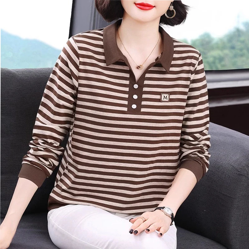 中老年妈妈秋装纯棉打底衫女条纹翻领长袖t恤内搭上衣洋气POLO衫