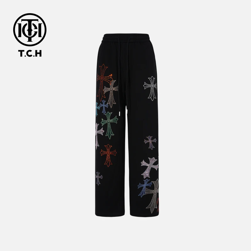 TCH轻奢字母纯色烫钻图案长裤T75C20E5076