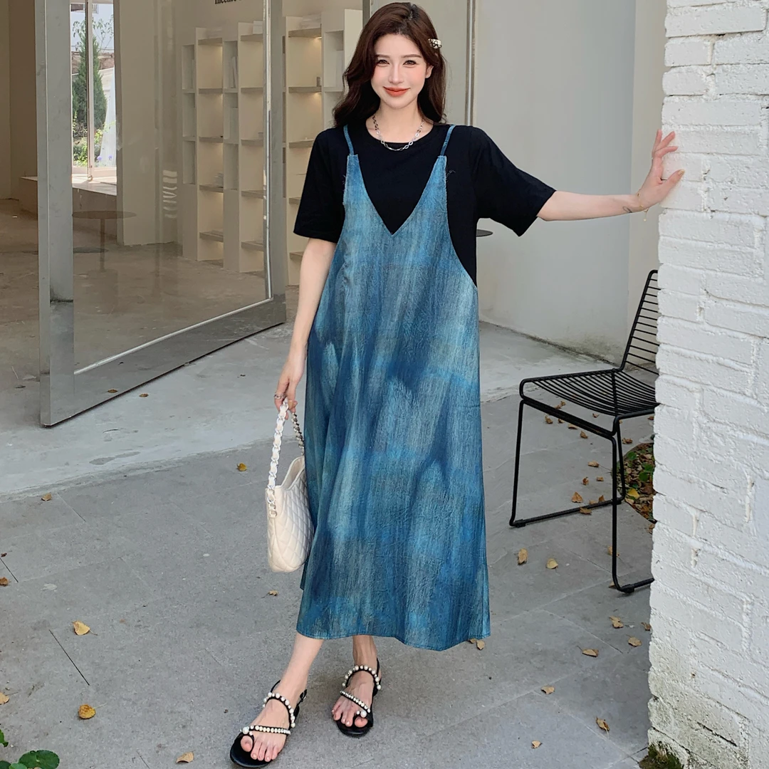 2025夏新款/假两件扎染工艺V领拼接裙子显瘦短袖连衣裙韩版裙子