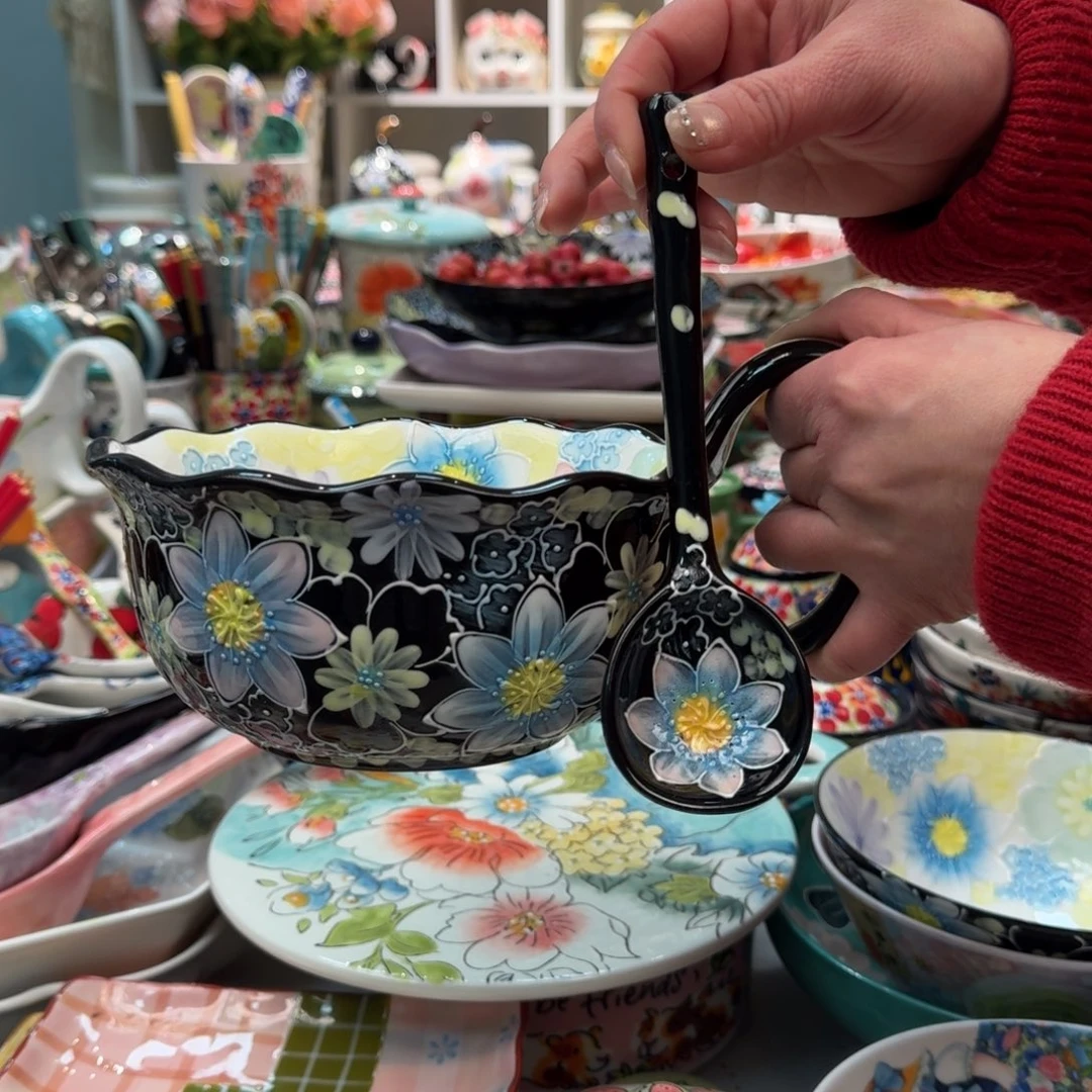 瓷片濑户烧墨韵曲把碗1只➕勺