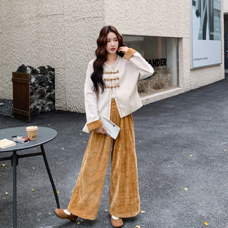 新中式复古国风套装裤2025春秋新款气质盘扣拼接上衣阔腿裤两件套