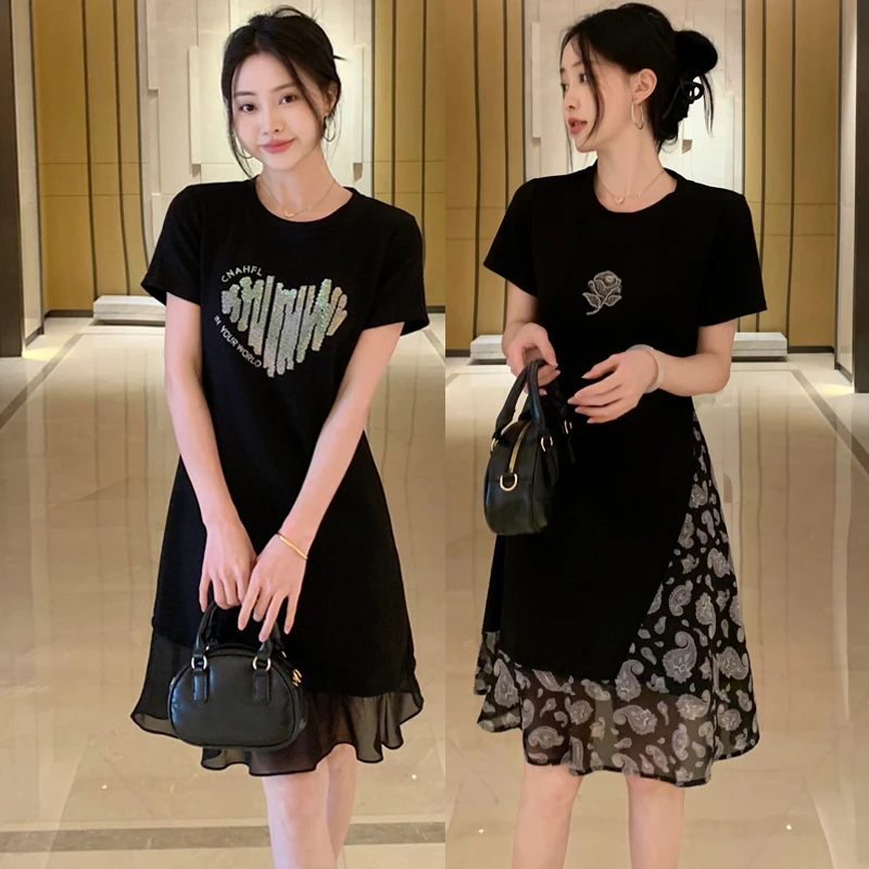 【韩墨墨】2025夏季新款胖mm气质小黑裙拼接显瘦连衣裙874#862