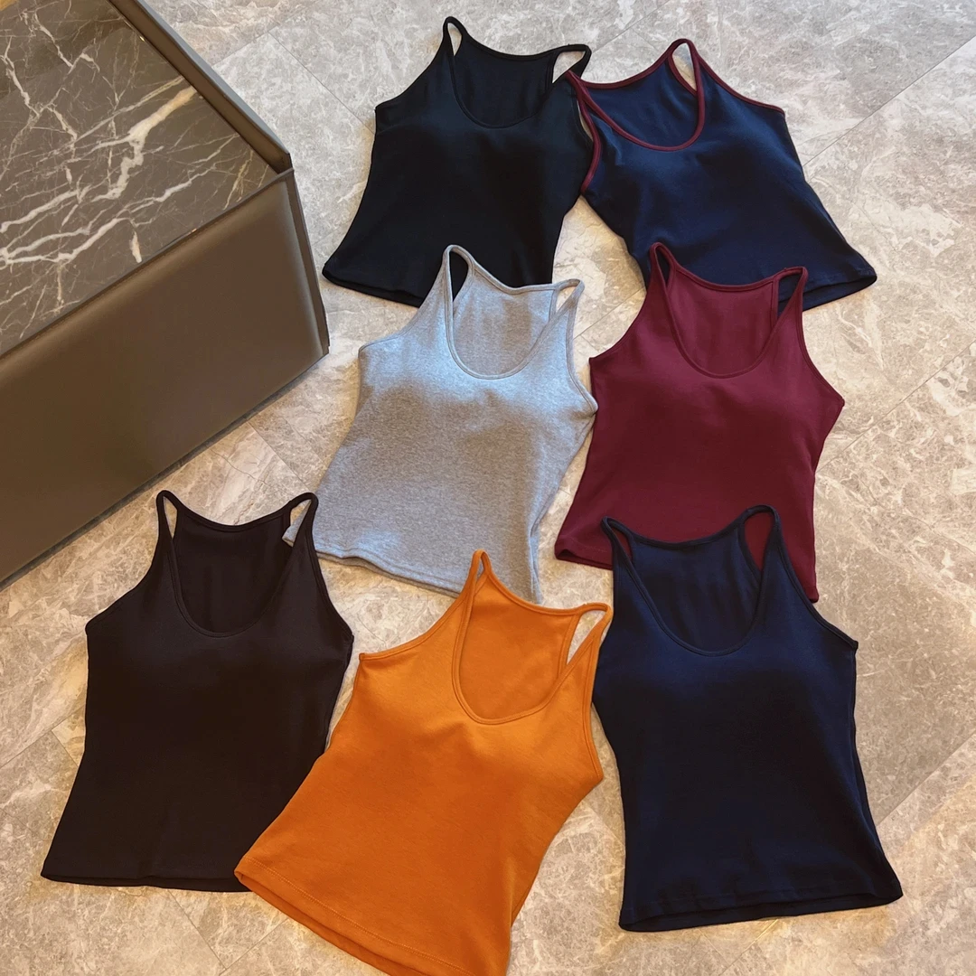 港风带胸垫一体式工字背心女辣妹显瘦外穿内搭U领无袖上衣