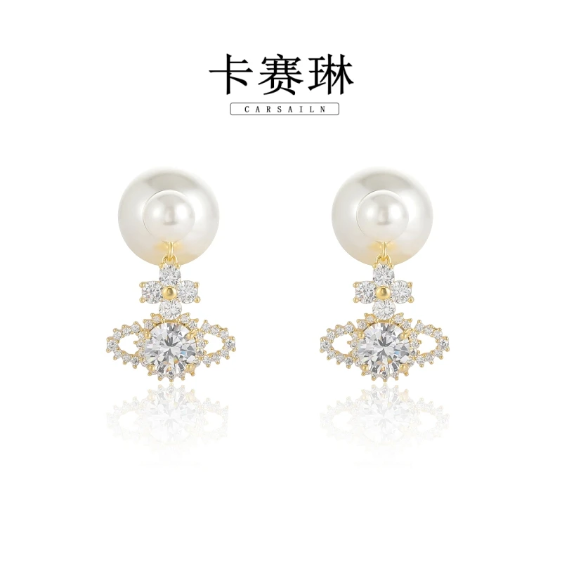 卡赛琳carsailn/ 镀K金 925银针 轻奢星球白色时尚气质耳钉 0693