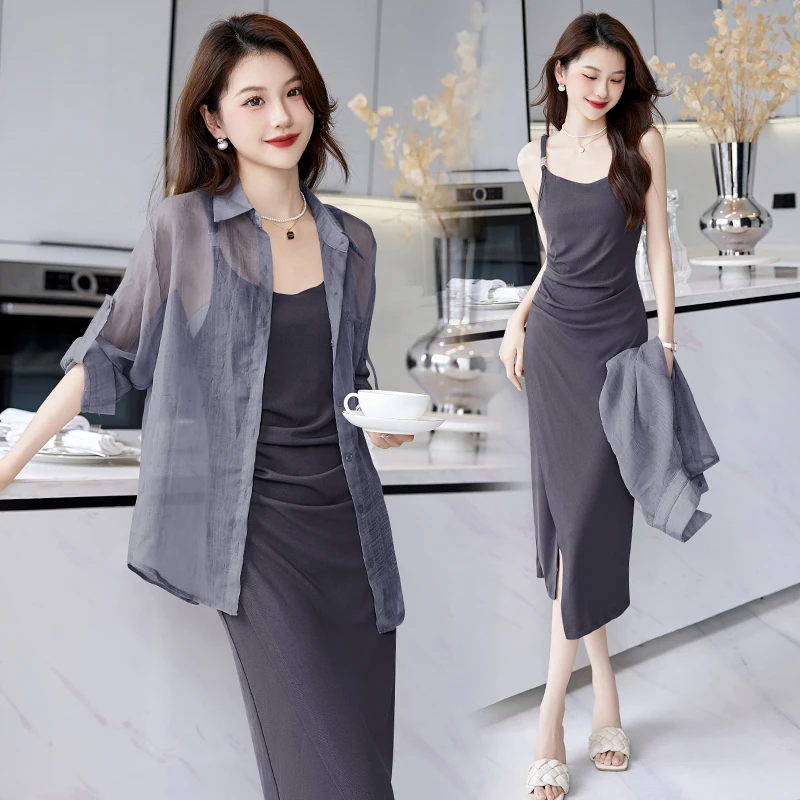 高级感防晒套装女夏欧货韩系时尚防晒衬衫不规则开叉连衣裙两件套