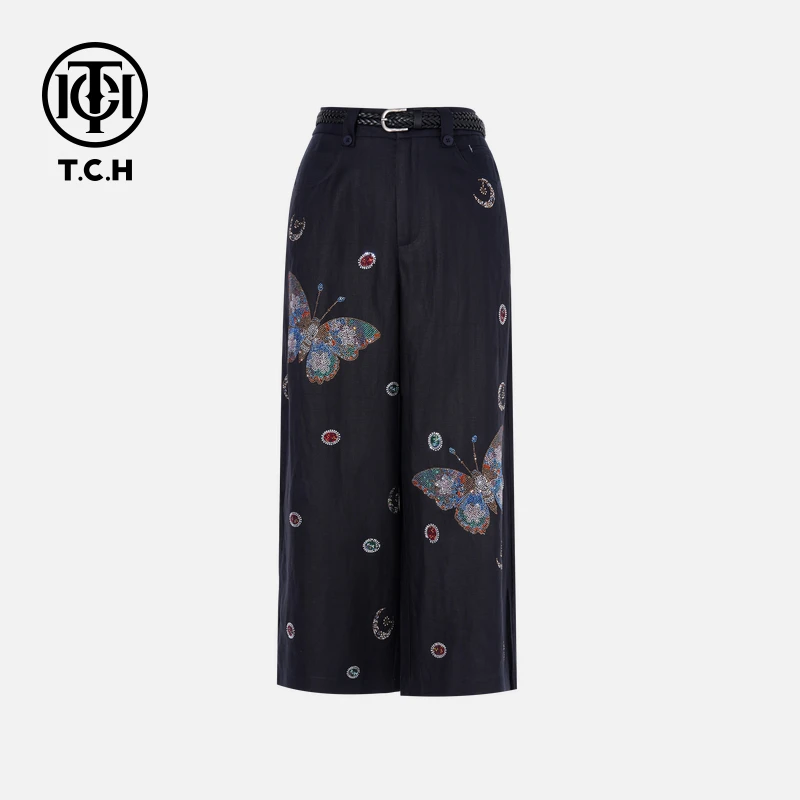 TCH轻奢烫钻工艺时尚蝴蝶印花藏青色休闲裤女T75B20E1017私服tch