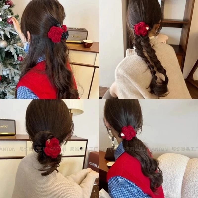 尽情绽放!针织红玫瑰抓夹!安可拉红鲨鱼夹新年发饰发抓发卡红色