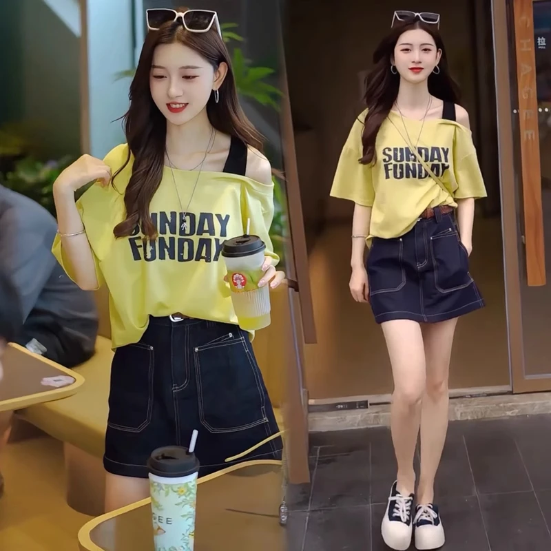 时尚洋气套装女2025夏季新款宽松露肩字母上衣牛仔短裙休闲两件套