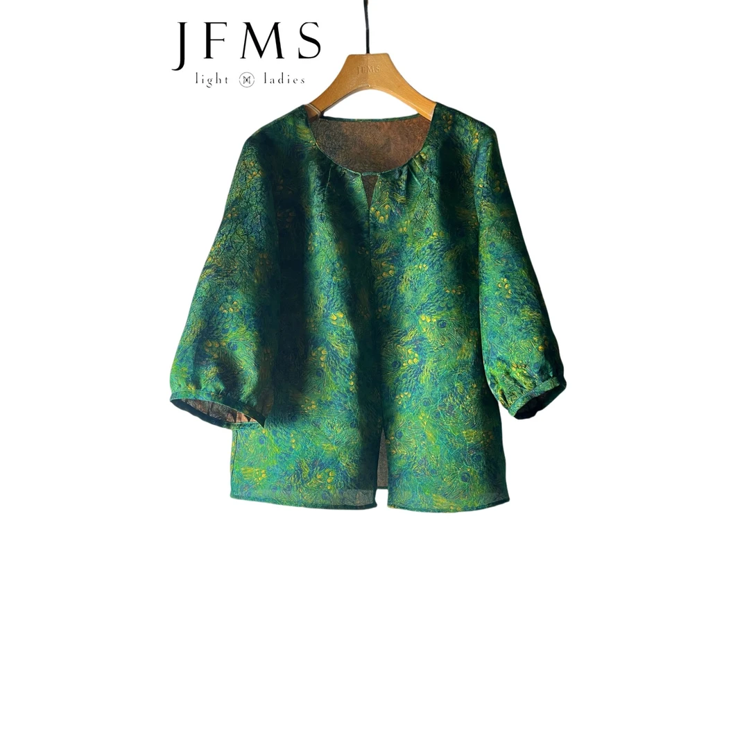JFMS100%桑蚕丝香云纱28姆米上衣新中式夏季时尚Z977宽松圆领绿色
