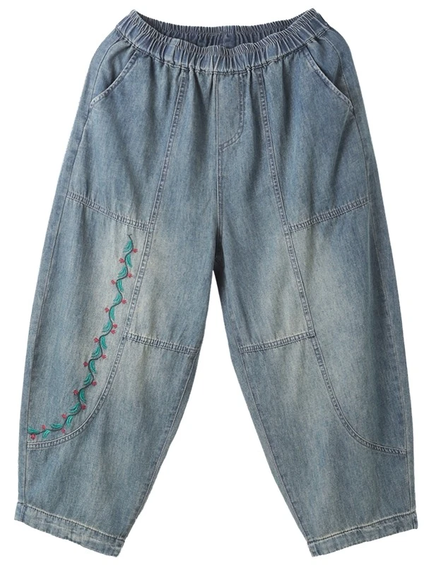 秋装新款女韩版大码遮肉复古做旧磨白刺绣宽松显瘦牛仔哈伦裤