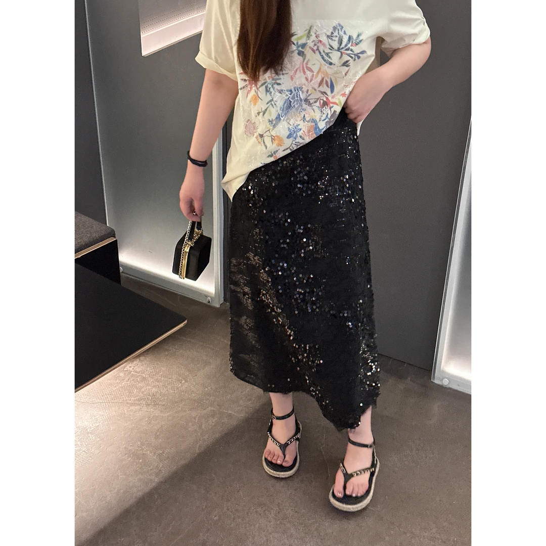 晶咕重工蕾丝亮片高腰半身裙中长款洋气气质显瘦设计感A字