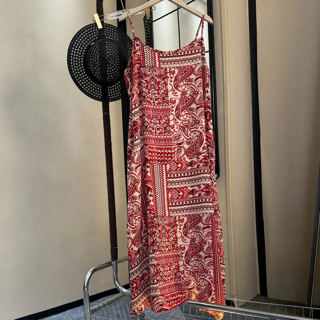 波西米亚风大码民族气质印花显瘦长款吊带连衣裙