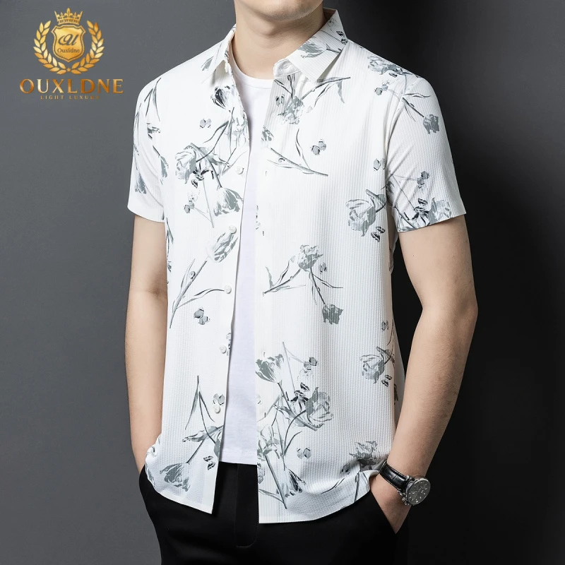 OUXLDNE 冰丝短袖衬衫男士潮牌印花上衣2025夏季新款薄款休闲衬衣