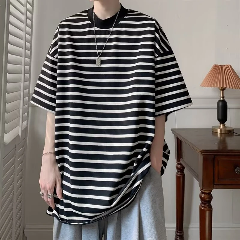 条纹t恤男夏季日系ins简约撞色休闲港风半袖男生宽松痞帅纯棉短袖