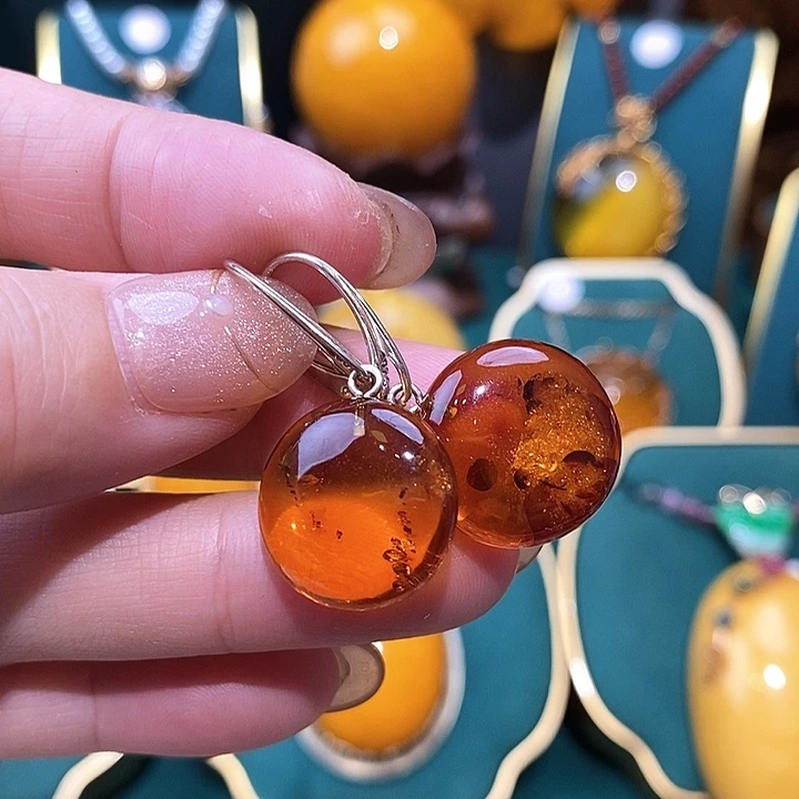 琥珀（花珀）耳饰银S925镶嵌