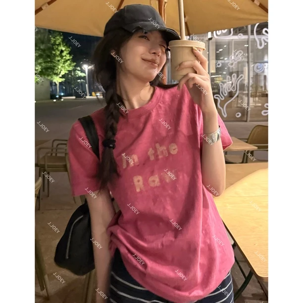 J.JOEY "100棉"休闲极简风玫粉色字母纯棉宽松百搭短袖 B50608