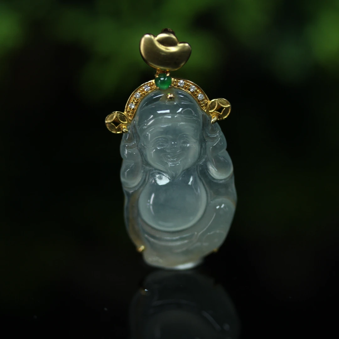 15天然缅甸翡翠A货18K金镶招财纳吉财神吊坠/1229507/拍卖