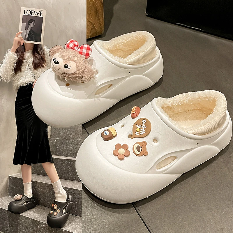 加绒防水棉拖鞋女EVA不臭脚卡通秋冬居家防滑秋冬季防水棉拖鞋女