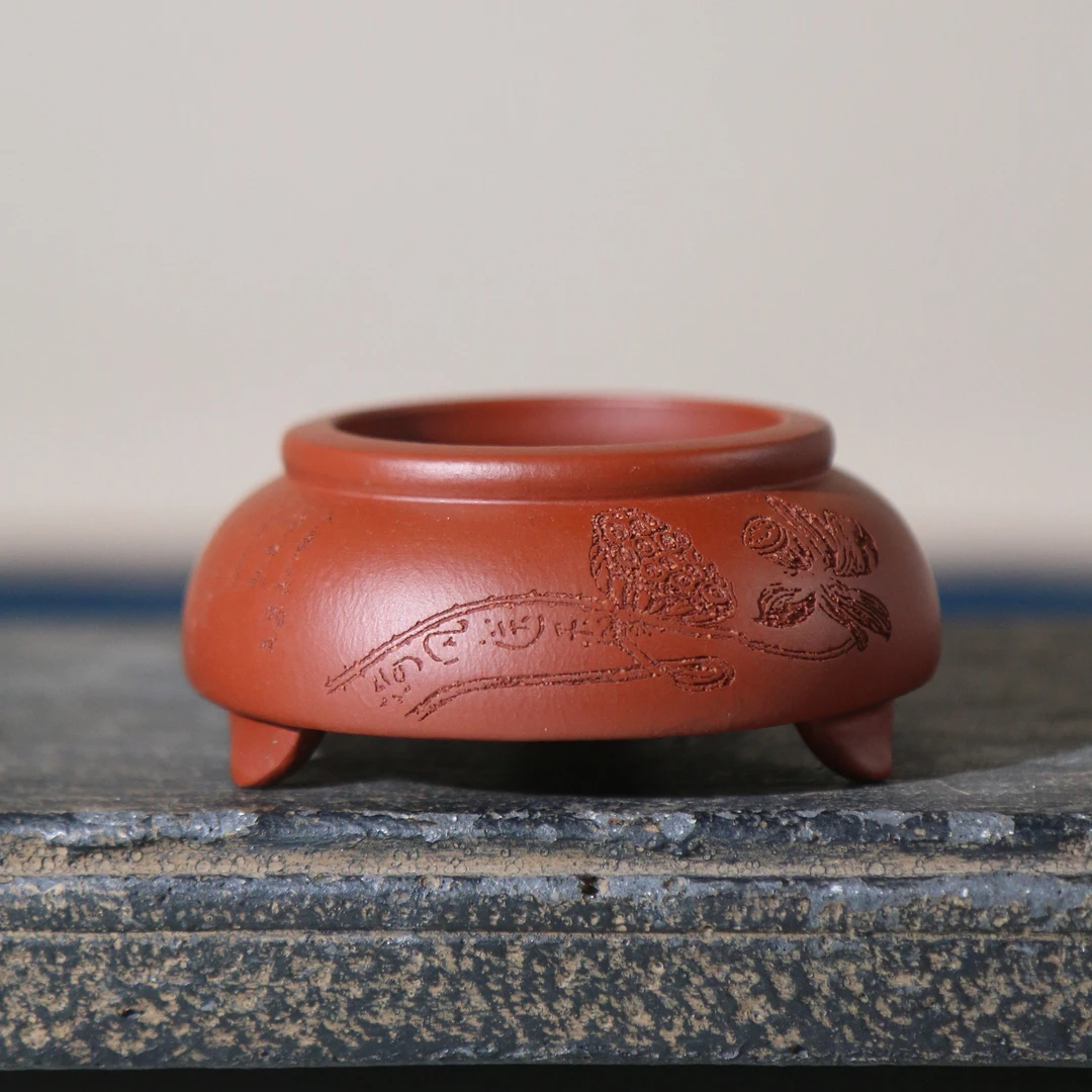 紫砂花盆朱泥小香炉微型盆景盆掌上盆栽微盆莲花禅意三足鼎中国风