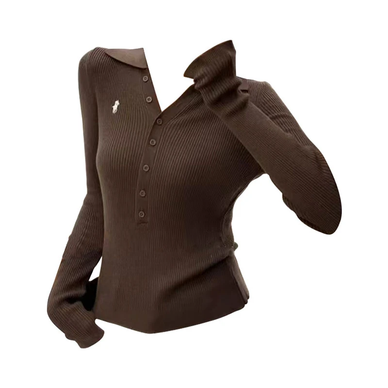 M-3XL微胖大码高级老钱风排扣翻领百搭针织衫女刺绣秋季上衣