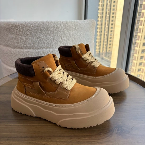 老钱风！高级感满满~小众牛皮板鞋男日系时尚休闲鞋厚底高帮极简