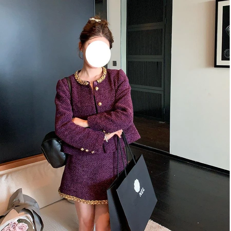 品牌精选2025年秋富家千金紫色套装裙女感短外套气质名媛两件套